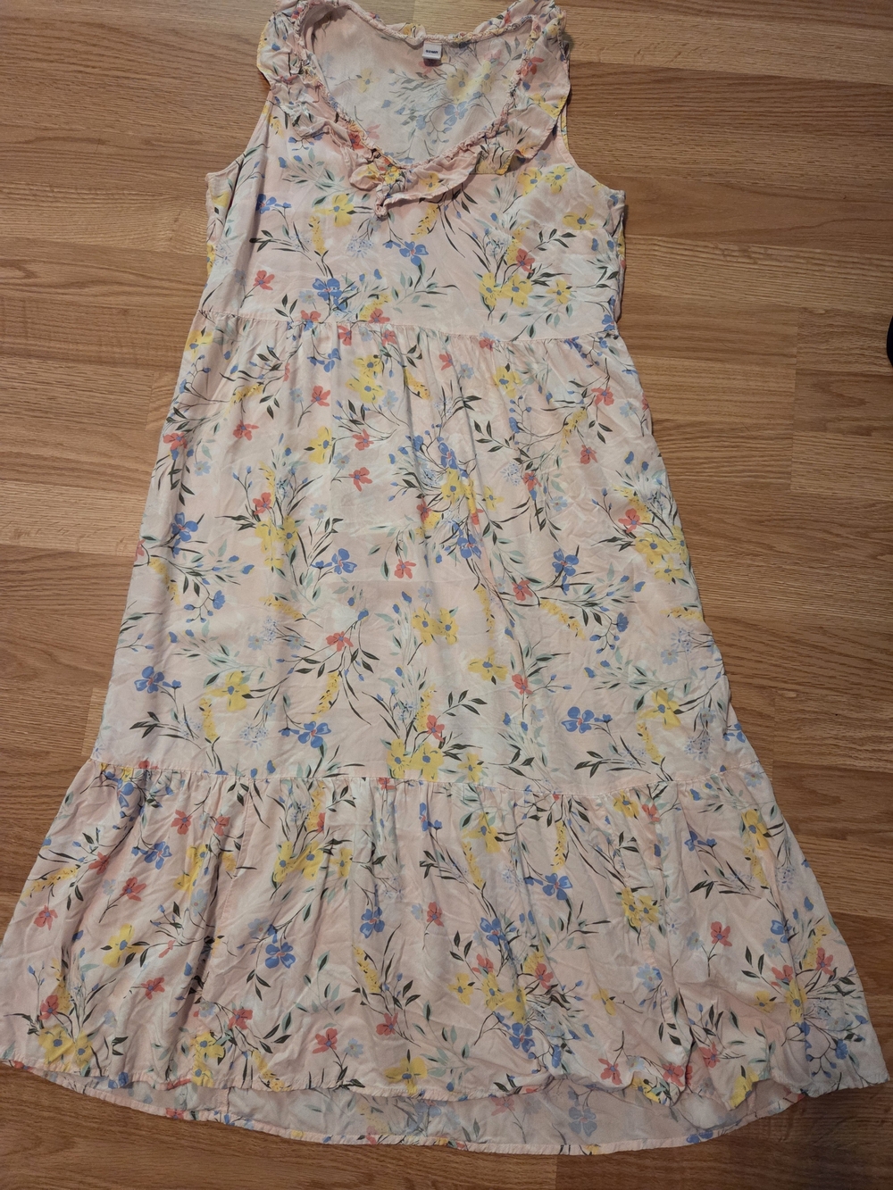 Old Navy Floral Ruffle-Trim Maxi Dress in Cream with Yellow, Blue & Pink Flowers